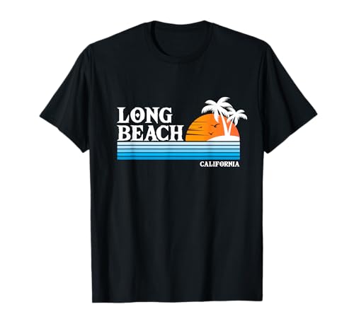 Long Beach USA Vacanza tropicale Vintage anni '80 Stile Tramonto Maglietta