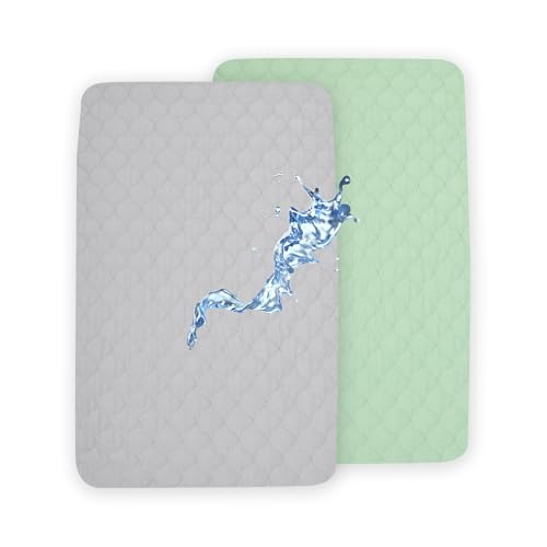 Image of david's kids 2 Pack 38''x25'' Waterproof Mini Crib Mattress Protector, Fitted Pack N Play, Playard and Mini Crib Mattresses, Ultra Soft Breathable Pad Cover for Boys Girls Neutral, Grey & Sage Green