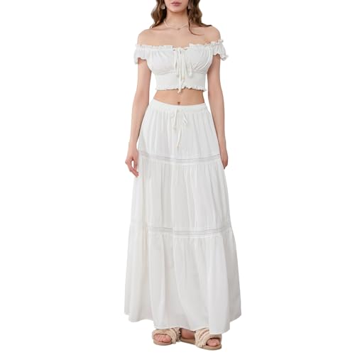 Women’s Two Piece Skirt Sets Summer Off Shoulder Frill Trim Beach Crop Tops and Long Skirt Going Out Outfit