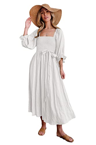 Robe de plage ample décontractée col en V blanche style vintage femme