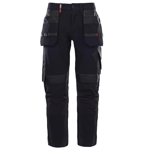 TuffStuff - Apex Flex Trousers, Black - 36" Waist, Regular 30" Length - Slim Fit, 4-Way Stretch Ripstop Fabric & Part Elasticated Waist - Twin Holster, Cargo & Rule Pockets - Heavy Duty Workwear