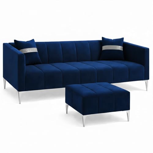 Image of Solomon 4 Seater L Shape Sofa Set with Movable Ottoman | Flexible Left or Right Layout | Luxe Velvet Suede Fabric | Comfortable Seating | Modern Sofa for Living Room - Dark Blue