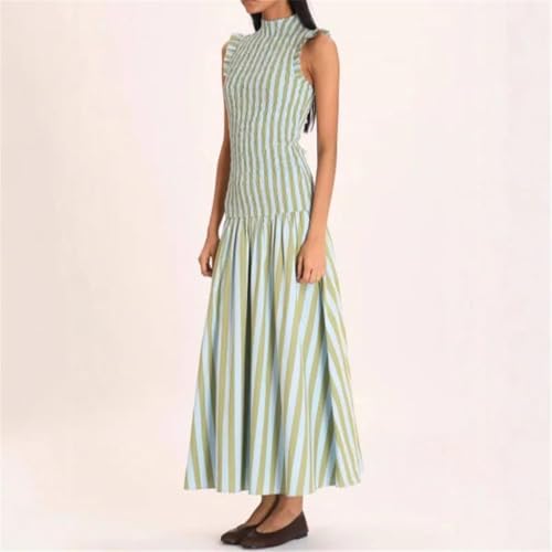 Woman Elegant Striped Print Slim Sleeveless Dress O Neck High Waist Spliced Casual Pleated A-Line Dress2