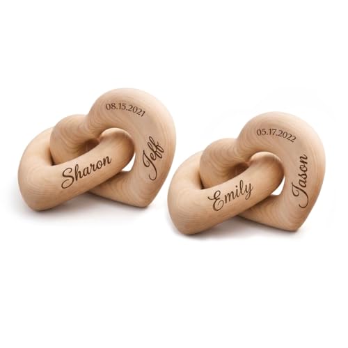 Personalized Wooden Hearts with Names - Custom Engraved Interlocking Heart