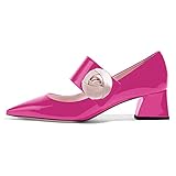 XYD Women Fashion Pointed Toe Mid Heel Mary Jane Pumps Slip on Block Flower Dressy Shoes Size 4 Fuchsia