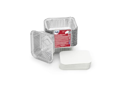 Cuki Professional Bandejas de aluminio rectangulares con tapas, 1 porción, 14,5 x 12 x 4 cm, 1 paquete de 50 unidades, desechables para horno, microondas, nevera, cocina, almacenamiento