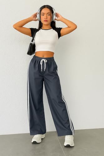 Image of SAKHWALA Women Track Pant | Women's Wide Leg Track Pants High Waist Drawstring Sweatpants with Side Stripes, Casual Loose Fit Lounge Joggers, Dark Grey