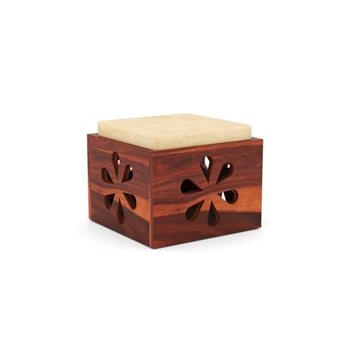 Image of Sheesham Wooden Coffee Center Table with 2 Stool Seating for Home Furniture | Solid Wood Center Table for Living Room, Hallway and Office Furniture Table | Flower- in Honey Finish