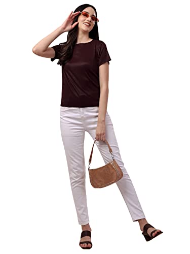 Image of Pujia Mills Women's Casual Round Neck Lycra Short Sleeve Plain Burgundy Regular Fit Top. (PC Regular Fit Tops 33)