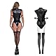 ROSVAJFY Lederbody mit Strümpfen Damen Wetlook Dessous Set Ärmellos High Cut Lackleder Reizwäsche Bodysuit mit Strapse Reißverschluss Clubwear Sexy Cosplay Kostüm(Schwarz)