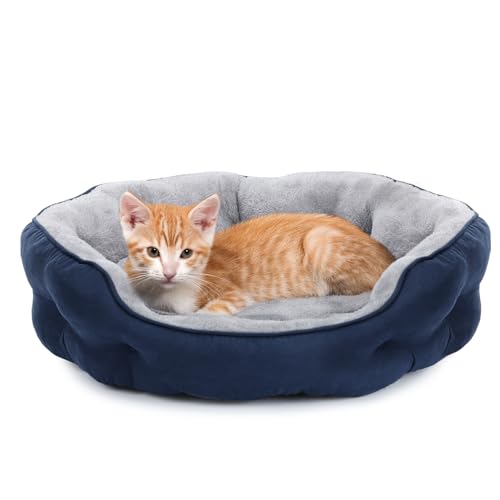 PureWags 20'' x 19'' x 6'' Small Dog Bed, Oval Cat Bed Washable for Indoor with Non-Slip Bottom and Removable Cushion, Pet Bed for Puppy and Kitten, Navy Blue