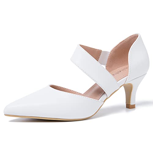Women's Pointed Toe Kitten Heel Pumps, Elastic Strap Dress Shoes, Slip On Professional Office Wear Matte White 44 - US 10.5 by Peijely - Used condition - US$19.61