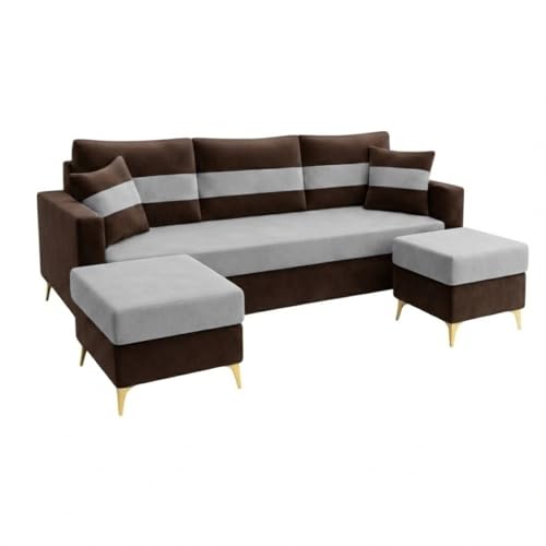 Image of SOCOZI Bastian 5 Seater L Shape Sofa Set with 2 Movable Ottomans | Flexible Layout| Soft Velvet Suede Fabric|Modern Sofa with Golden Legs|Comfort Cushions for Living Room (Dark Brown-Light Grey)