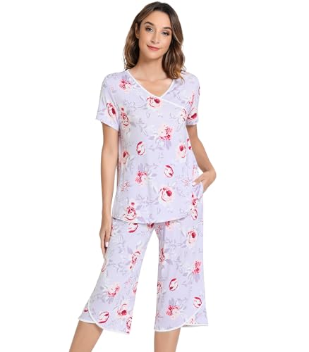 Image of NACHILA Bamboo Viscose Pajamas for Women Lace V Neck Capri Pants Pjs Set