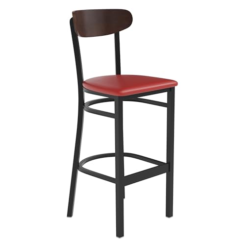 Image of Flash Furniture Wright Commercial Barstool - Walnut Finish Wood Boomerang Back - Red Vinyl Seat - 500 LB. Capacity Black Steel Frame - Integrated Footrest