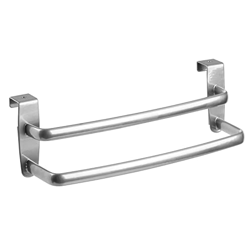 mDesign Toallero sin taladro con dos barras - Ideal para paños de cocina o toallas – Percha para puerta fácil de montar en armarios de cocina y baño – Toallero de barra doble - Metal plateado