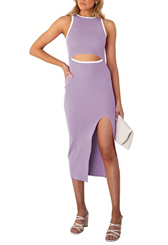 Pink Queen Women's Summer Sleeveless Dresses Cutout Bodycon Party Ribbed Knee Length Knit Midi Dress Purple S #TOP6