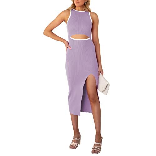 Pink Queen Women's Cutout Crew Neck Sleeveless Tank Slit Ribbed Bodycon Midi Dresses Purple Large
