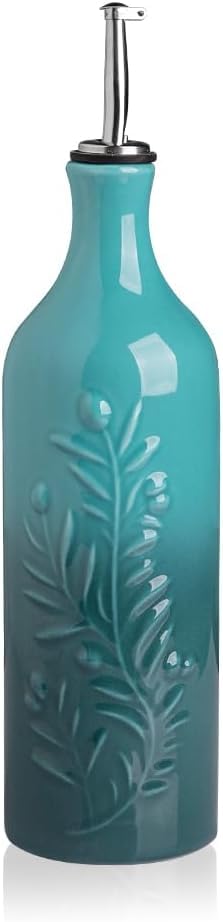 Sweejar Home Ceramic Olive Oil Dispenser Bottle, Relief Opaque Oil Cruet Protects Oil To Reduce Oxidation, Suitable For Storage Of Evoo, Soy Sauce, Vinegar,etc (olive leaf 700ml, GradientBlue)