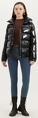 Crissrexo Women's Metallic Shiny Puffer Jacket Quilted Winter Warm Zip Stand Collar Casual Padded Short Bubble Coat (Black, Large) #TOP4
