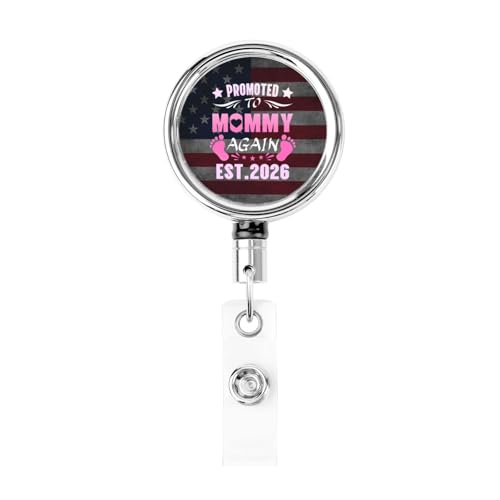Soon to Be Mom Again Promoted to Mommy Again 2026 Heavy Duty Stainless Steel Retractable Fashion Badge Holder with 24.4in Extendable Cord Secure Clip Office