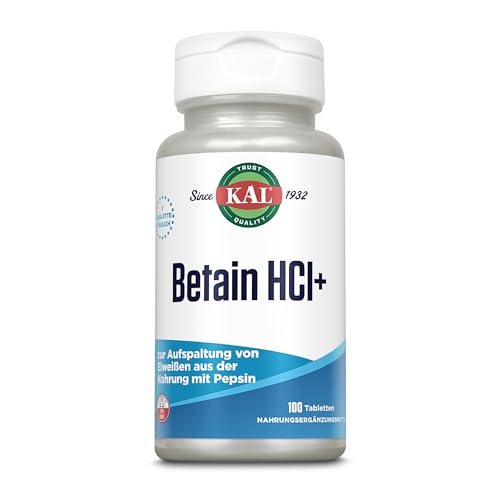 KAL Betain HCL Complex | 250 mg | 100 Tabletten | glutenfrei | ohne Gentechnik | laborgeprüft | Nahrungsergänzungsmittel Betainhydrochlorid, Pepsin & Calcium | Aufspaltung von Eiweißen und Fetten