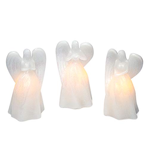 Angel Flameless Candles - Set of 3 Guardian Angel Figurines with LED Lights, 7 Inch, White Glitter Wax, Battery Operated, 5 Hr Timer - Sympathy Gift, Easter Decoration or Religious Decor