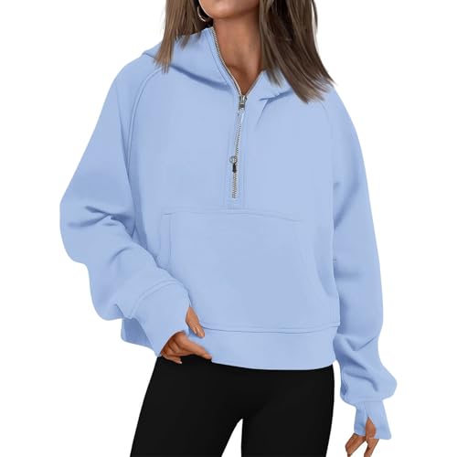 Half Zip Pullover Women Fleece Thumb Hole Cropped Hoodie Y2k Raglan Quarter Zipped Hooded Sweatshirt with Pockets