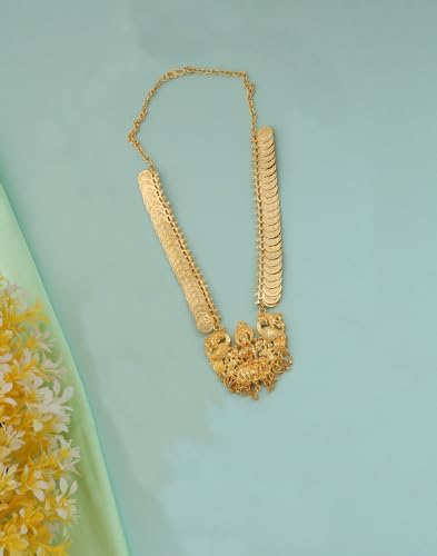 Image of VAMA FASHIONS Traditional South Indian Goddess Laxmi Haar Temple Jewellery Mahalakshmi kasulaperu Lakshmi Necklace Set for Women