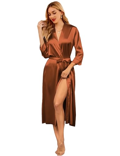Image of Ekouaer Silk Robes for Women Long Satin Bride Bridesmaid Wedding Party Robes Lightweight Sexy Sleepwear with Pockets