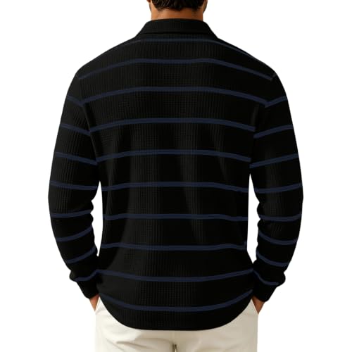 Rugby Polo Men Collared Henley Button Long Sleeve Waffle Shirt Men | Striped, Waffle Knit, Soft, Smart‑Casual, Drop Shoulder, Relaxed Fit, Old Money Clothes Men, Skin‑Friendly, Fall Winter - image 4