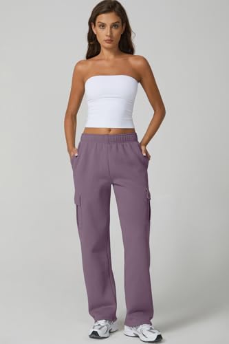 Image of QINSEN Baggy Medium Waist Elastic Sweatpants for Womens Casual Long Fleece Cargo Pants with Pockets