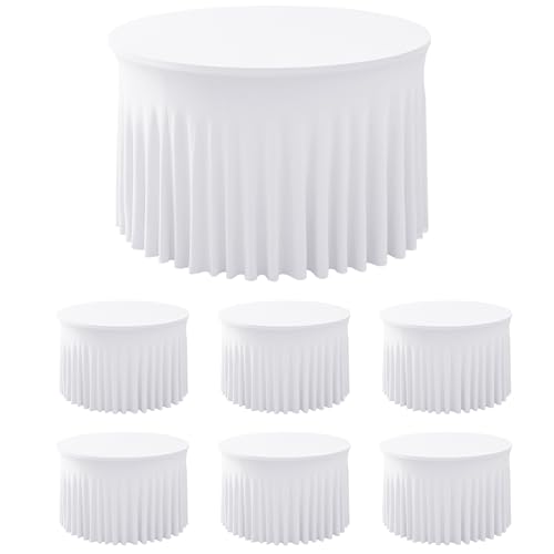 Image of HolidayIdeas 6 Pack Spandex Table Skirt for 60 Inch Round Tables, White Fitted Stretch Tablecloth for 5 Ft Wedding Tables, Wrinkle Resistant Ruffle Design for Banquets, Baby Showers, Parties