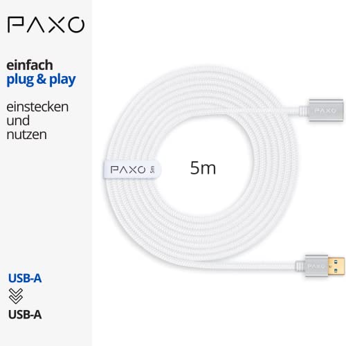 PAXO USB extension 5m, 10 Gbit/s (1.25 GByte/s), USB 3.2 Gen2 (3.0, 3.1), USB extension cable, A plug to A socket, white, fabric jacket - Image 2