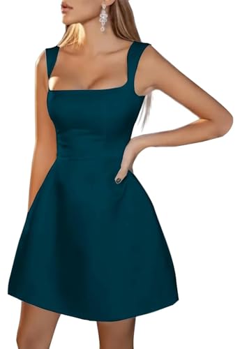 Image of Spaghetti Straps Short Homecoming Dresses Sqaure Neck Satin Mini Cocktail Dress Wedding Party Gowns