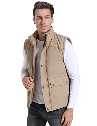 Image of Flygo Men's Winter Warm Outdoor Padded Puffer Vest Thick Fleece Lined Sleeveless Jacket, Khaki, XX-Large