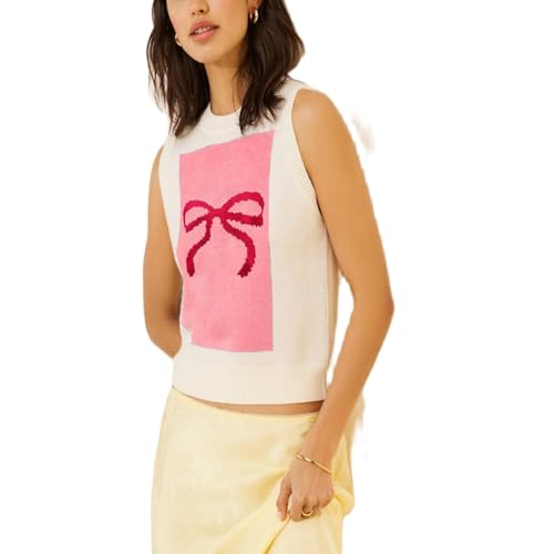 Image of Women Graphic Sweater Vest Y2k Sleeveless Lobster Pullover Top Crew Neck Lightweight Fall Knit Tank Top (Bow Pink,L)