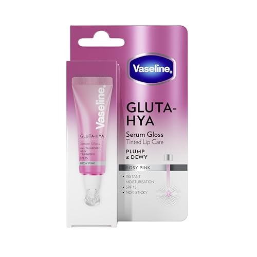 Vaseline Sérum Labial Gluta-Hya Rosy Pink 10ml. Con ácido hialurónico, tripéptido, tecnología Glutaglow y SPF15. Color, volumen y protección. Hidratación al instante y acabado gloss no pegajoso.