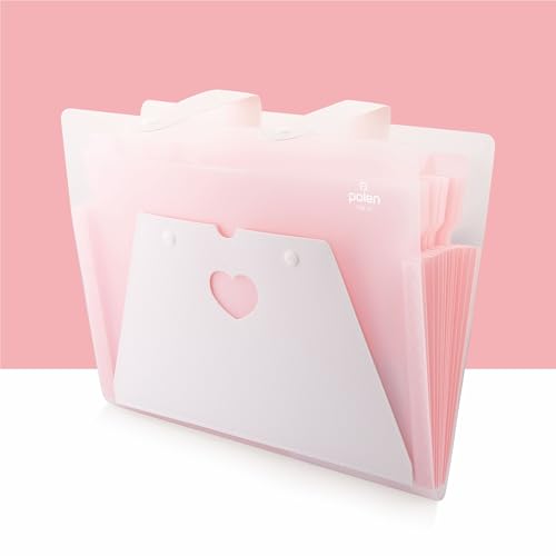 Image of Polen 13-Pocket Expanding File Folder with Handle Straps, Transparent Accordion Document Organizer with Heart-Cut Front Pocket for Certificates, Bills, Receipts & Office Documents.(Pink)