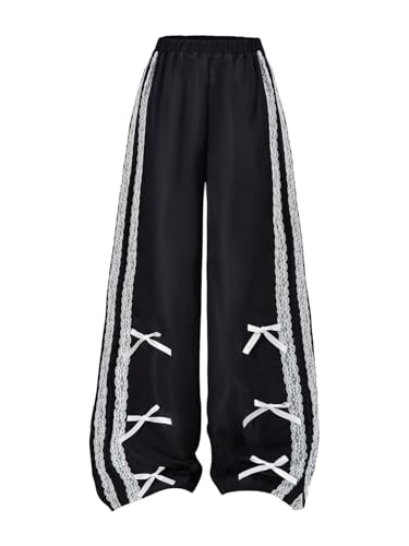 GORGLITTER Girl's Baggy Pants Cute Bow Lace Trim Wide Leg Sweatpants with Pockets