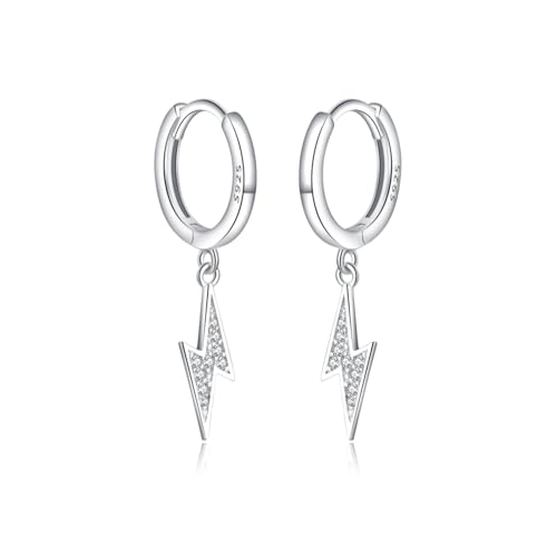 Reffeer Solid 925 Sterling Silver Lightning Bolt Drop Hoop Earrings for Women Teens CZ Lightning Bolt Hoop Earrings Huggie