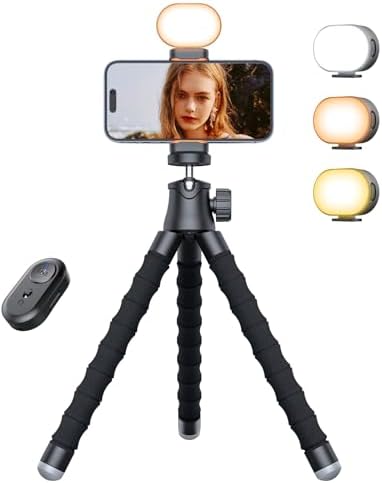 Phone Tripod with Light, Portable and Flexible Phone Stand for Vi...