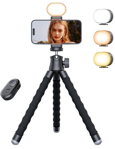 Phone Tripod with Light, Portable and Flexible Phone Stand for Video Recording with Wireless Remote, 360° Rotating Tabletop & Travel Tripods for iPhone, Smartphones, Camera