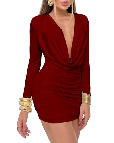 JOTWIS Women's Sexy Long Sleeve Dress Short V Neck Bodycon Dress Casual Party Club Burgundy
