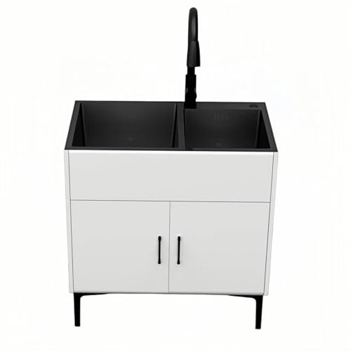 Mueble con Fregadero de Doble Cubeta, Fregadero Lavandería de Acero Inoxidable, con Almacenaje y Grifo Extraíble, Ideal for Cocina, Lavadero y Garaje(White,31.9x16.9in/81x43cm)