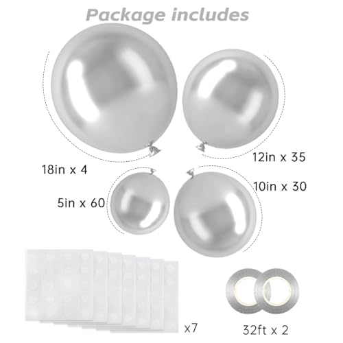 Image of RUBFAC Silver Balloons 129pcs Different Sizes 18 12 10 5 Inches Metallic Balloon Garland Arch Kit Disco Ball for Birthday Party Graduation Wedding Holiday Decoration