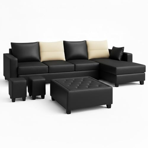 Image of CASASTYLE Texon 8 Seater Leatherette RHS L Shape Sofa Set with 1 Centre Table & 2 Puffy (Black) Premium Finish Comfortable Sectional Sofa Set