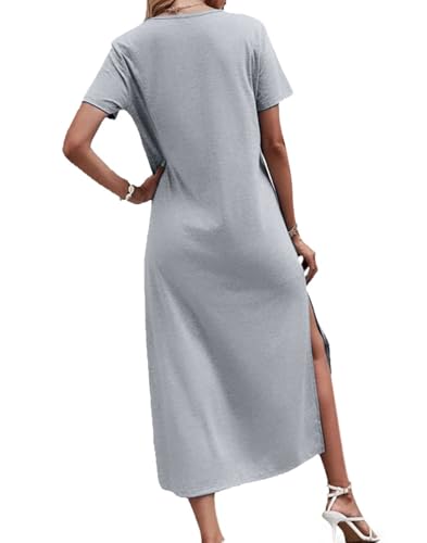 Image of Dyexces Women Summer T Shirt Dress Casual Short Sleeve V Neck Maxi Dresses Loose Side Slit Long Tshirt Dress with Pockets
