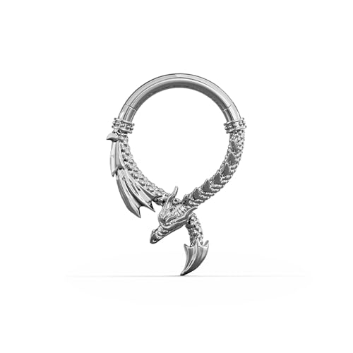 PUNKYOUTH 16G Dragon Septum Ring Clicker Hoop 316L Surgical Steel Piercing Jewelry for Nose Helix Tragus Rook Gothic Mythical Style Earrings 8mm Diameter