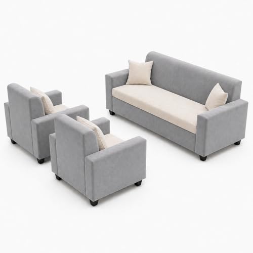 Image of FURNY QualityWood 3 Seater + 1 Seater + 1 Seater Fabric Sofa Set (Cream-Light Grey) with Velvet Finish | Durable Comfort | Ideal for Living Room